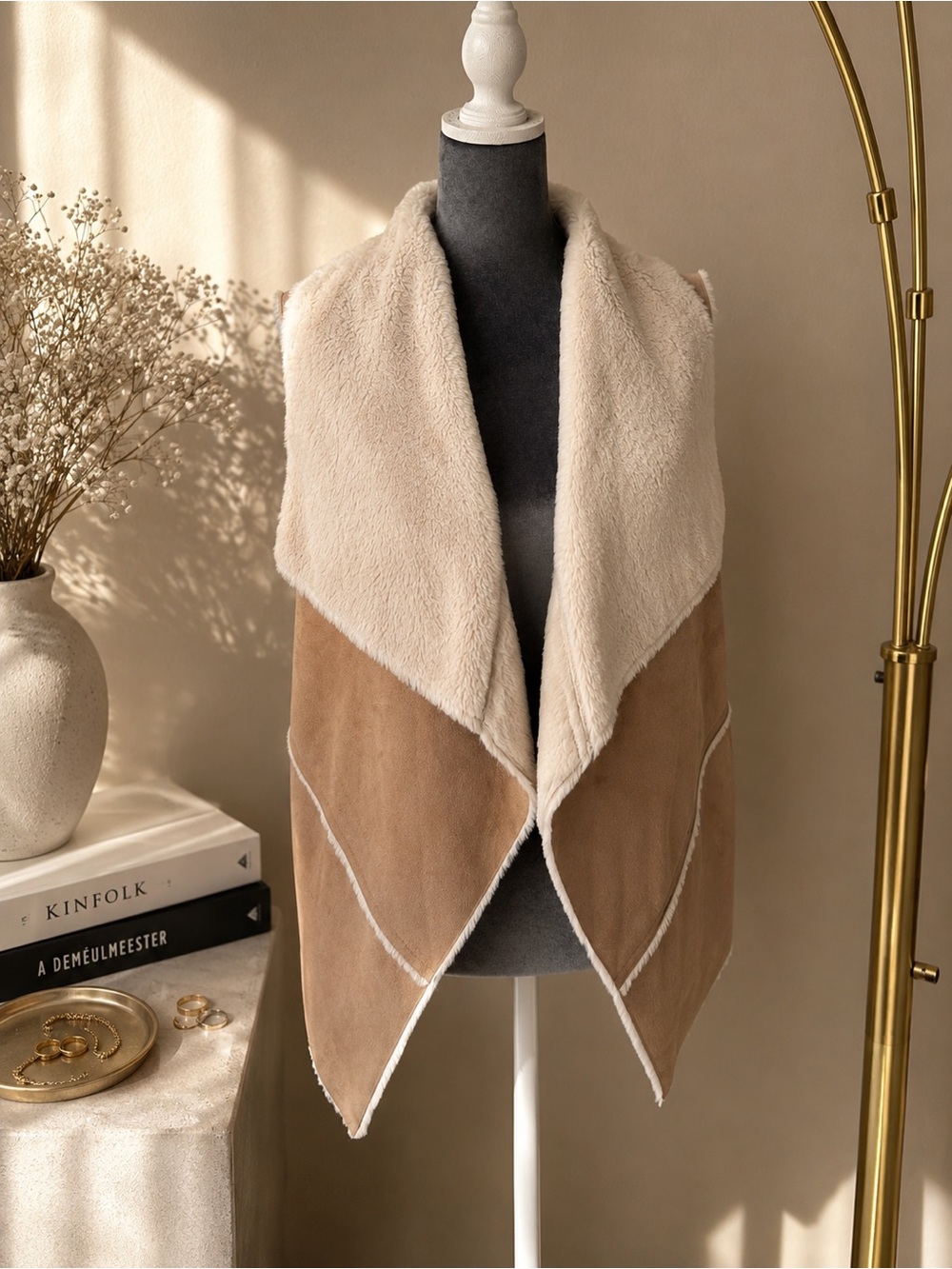 Bershka Faux Suede & Sherpa Waterfall Vest | Cozy Neutral Layering Piece Size S